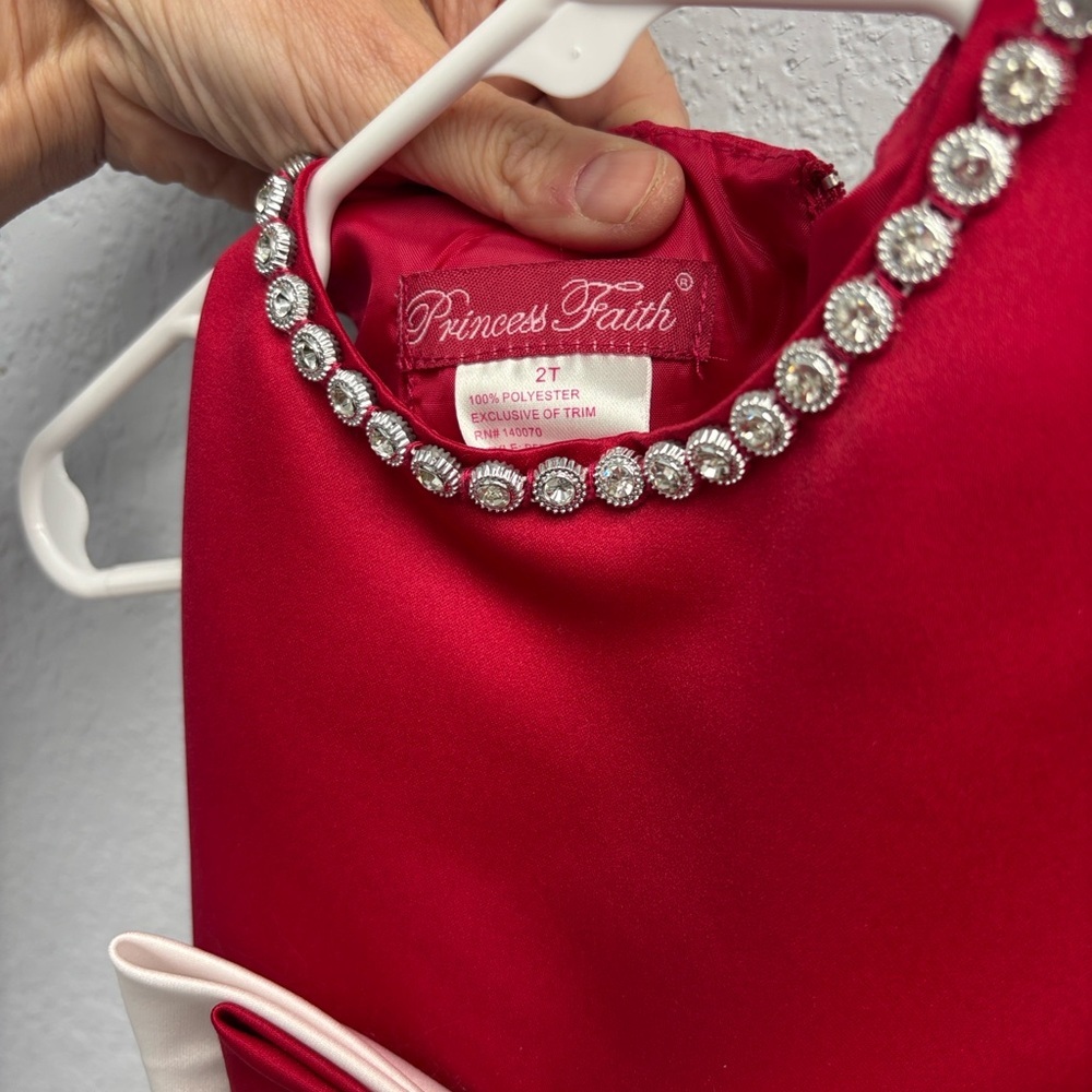 2T Princess Faith satin Christmas dress with Crystal neck, Classic Sash, EUC. - Picture 4 of 10